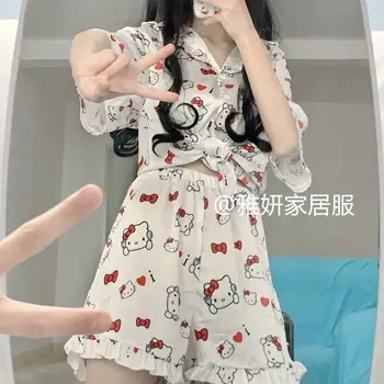 Пижама Sanrio Kuromi Mymelody Hello Kitty Ins cvjetne čipke Godišnje Slobodna Casual Odjeća Za Djevojke U stilu Kawai, Пижама Iz Ledenog Svile Kratkih Rukava