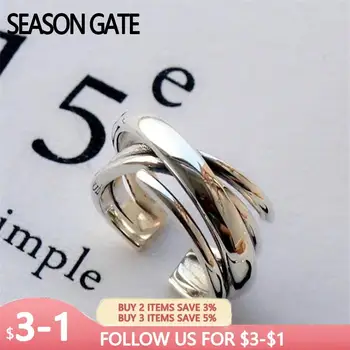 Silver Boji Otvoreni Prsten Za Žene, Korejski Moda, Višeslojne, Nepravilan Geometrijski Tkati, Križ, Ženski SR241, Prodaja na Veliko