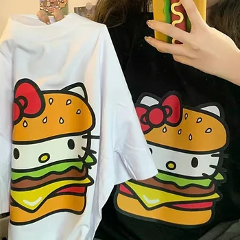 Majica Hello Kitty Y2K Sanrio S po cijeloj površini Hamburger, Kratki Rukav, Okrugli izrez, Japanski Godišnja Ženska Svakodnevni Slobodna Majica s Likovima iz Crtića