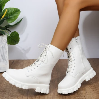 Ženske čizme do 2022 godine, jesensko-zimske bijele Čizme od umjetne kože, Moto čizme, ženske cipele na platformu i ne сужающемся dolje masivnim petu, Bota Feminina