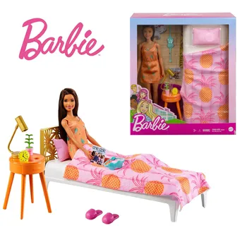 Lutka Barbie Igre Spavaća Soba Set Opremanje Doma Igre Skup Lutka 11,5-Inčni Brineta U Pidžami Pribora Dar Igre Kuća Model
