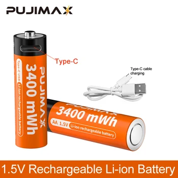 PUJIMAX 1,5 U Litij Baterija AA 3400mWh Li-Ion Punjiva Baterija Typc-C Kabel Za Punjenje Svjetiljku, KTV Mikrofon Igračke