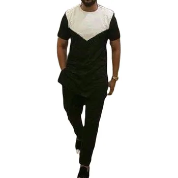 Bijele/crne Muške Setove u Afričkom Stilu u Patchwork stilu, Košulja Kratkih Rukava + Hlače, Svadbena Odijela, Muške Odjeće Po mjeri
