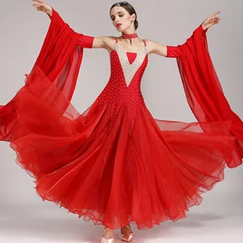 Gorski Kristal Elegantne Duge Pređe Crvena Natječaj Plesa Haljine Standardni Loptu Haljina Rese Valcer Plesne Kostime
