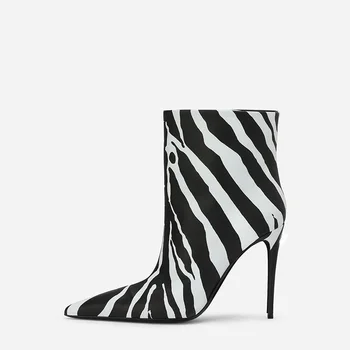 Kratke čizme s ispis zebra, Kožne cipele na visoku petu u crno-bijeli strip, Ženske cipele, Čizme, cipele, brod bez spajala s oštrim vrhom, cipele-brod na ukosnica