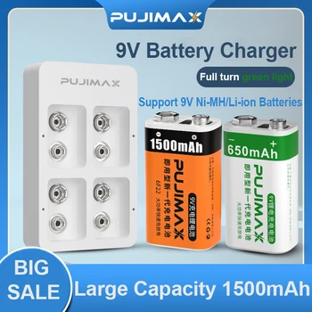 PUJIMAX 4-Utor 9 U Punjive Baterije Punjač baterija 6F22 Li-ion Punjač Ni-MH/Ni-CD Baterija Brzo Punjenje USB Priključak Prijenosni Punjač