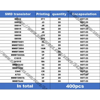 Paket SMD tranzistora S8050 SS8550 J3Y 2TY Y1 Y2 SOT23 20 najčešće korištenih tipova, svega 400