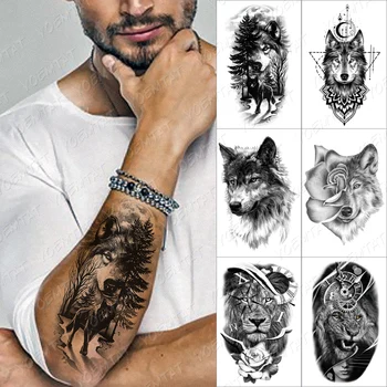 Vodootporne Privremena Tetovaža Naljepnica Vuk Lav Sat Ružičasto-Crne Tetovaže Životinje Body Art 3D Lažne Tetovaže Muškarci Žene Prijenos Bljeskalice