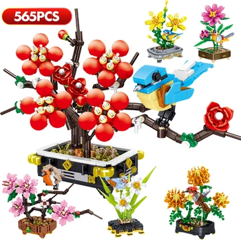 565 Kom. Mini Gradski Buket Cvjetni Ukras Cvijeta Šljive Gradivni Blokovi Božur Biljke Prijatelji Cigle Igračke za Djevojčice Poklon