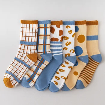 Japanski Slatka Univerzalne Kratke Čarape sa Mliječne Uzorkom, Ženske Prozračna Pamučne Čarape Sweet Happy, Ženske Plave čarape s Rešetkom Srednje Dužine