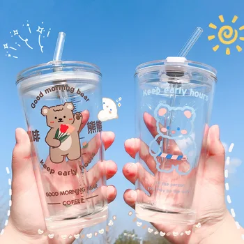 1 / 2 komada slatka životinja medvjed staklo, zatvoreni slama je pehar, čaša za vodu, sok, mlijeko čaša staklena čaša posuđe za piće
